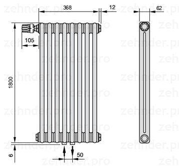Схема (чертеж) Радиатор Zehnder Charleston 2180/8 №V007 Белый глянцевый RAL 9016